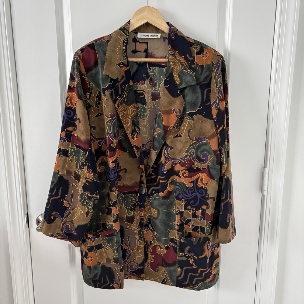 Richard Kristall Vintage 90s Abstract Print Blazer Size XL Boho Retro Artsy